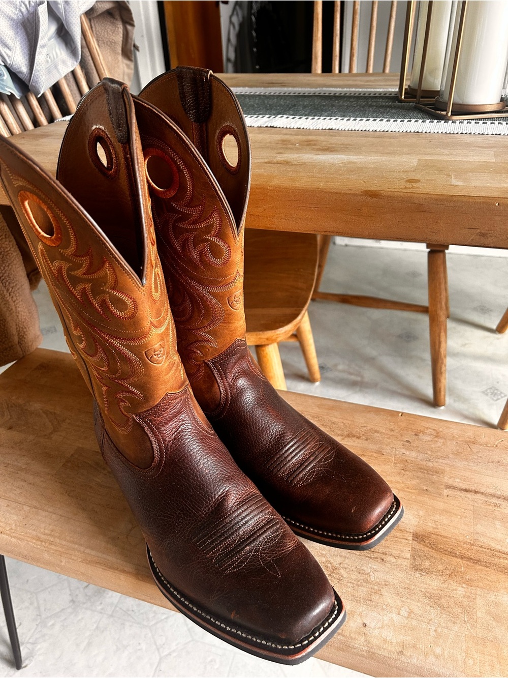 Ariat Brown Foot and Tan Embroidered Shaft Western Boots